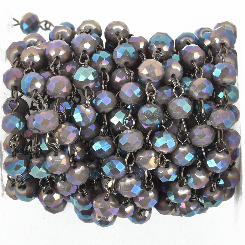 1 yard IRIDESCENT PEWTER AB Crystal Rondelle Rosary Chain, gunmetal wire, 8mm faceted rondelle glass beads, fch0969a