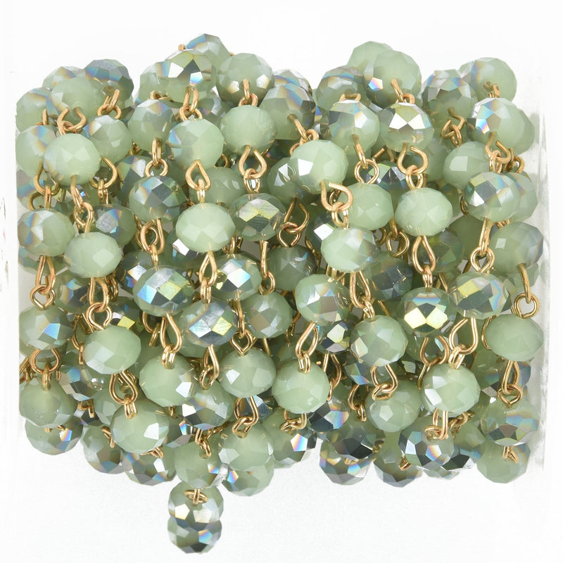 1 yard SPRING GREEN AB Crystal Rondelle Rosary Chain, Gold wire, 8mm faceted glass fch0970a