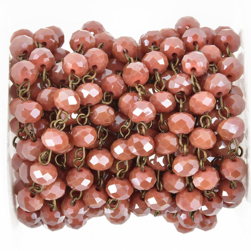 1 yard TOMATO RED Crystal Rondelle Rosary Chain, bronze, 8mm faceted rondelle glass beads, fch0971a