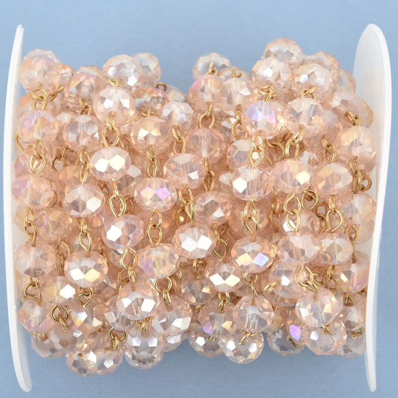 1 yard Pink BLUSH AB Crystal Rondelle Rosary Chain, gold wire, 8mm faceted glass fch0973a