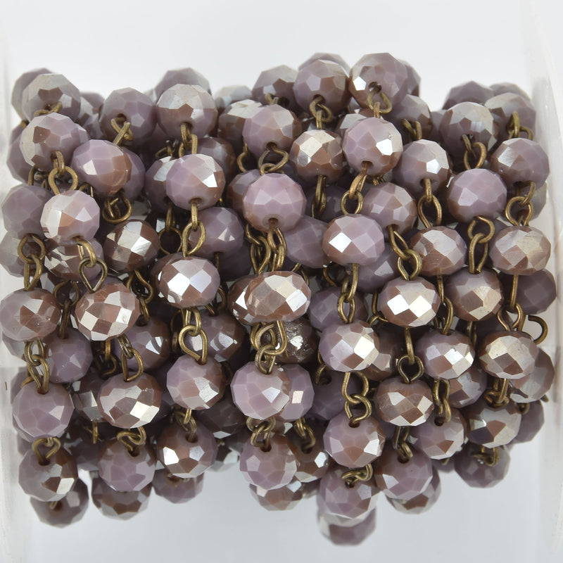 13 feet DUSTY LAVENDER PURPLE Crystal Rondelle Rosary Chain, bronze wire, 8mm faceted glass fch0975b