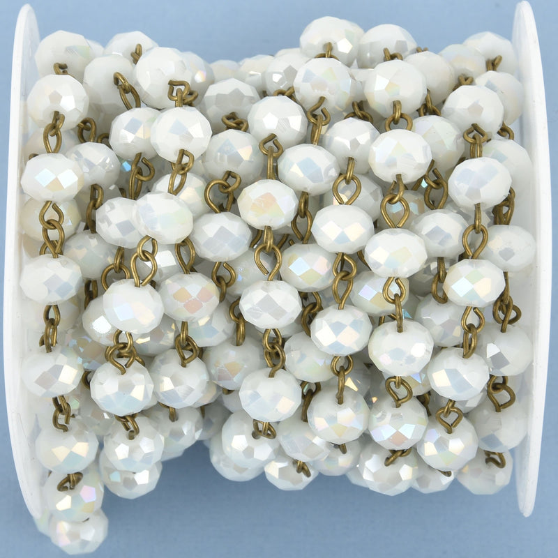 1 yard WHITE AB Crystal Rondelle Rosary Chain, bronze wire, 8mm faceted glass fch0976a