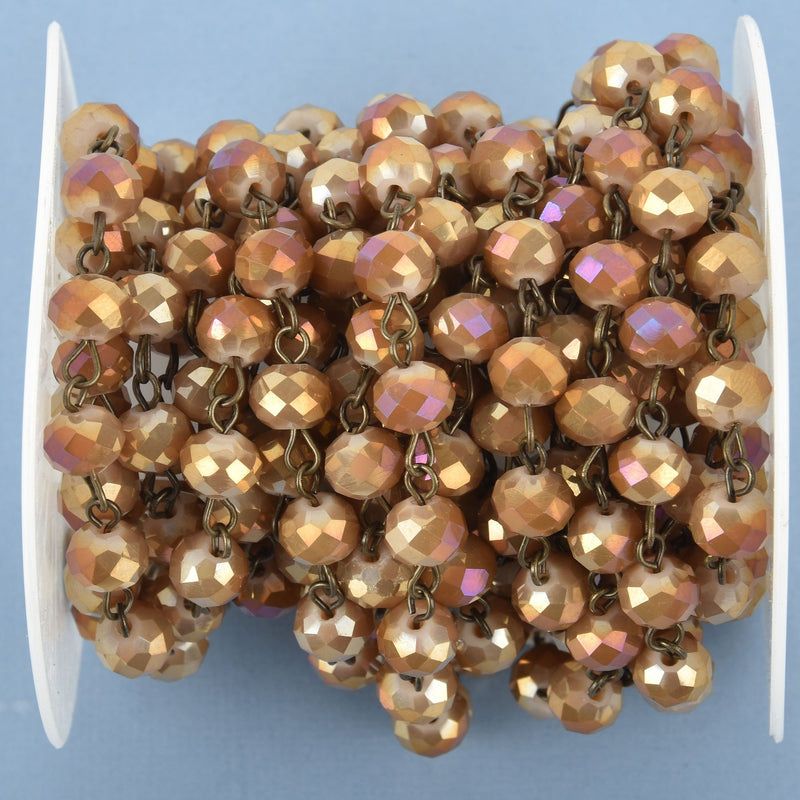 1 yard DESERT TAN AB Crystal Rondelle Rosary Chain, bronze wire, 8mm faceted glass fch0977a