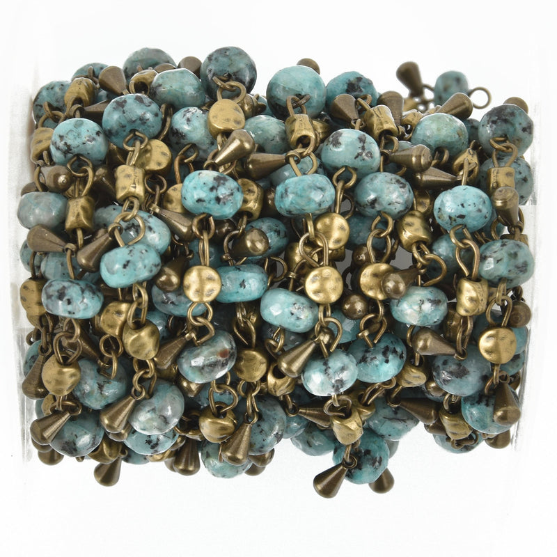 13 feet Blue Jade Bead Chain 8mm BRONZE with TURQUOISE BLUE Gemstone Rondelle Beads fch0981b