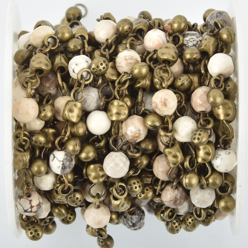 1 yard Silver Leaf Jasper Rosary Bead Chain 6mm BRONZE, Gemstone Round Beads fch0984a