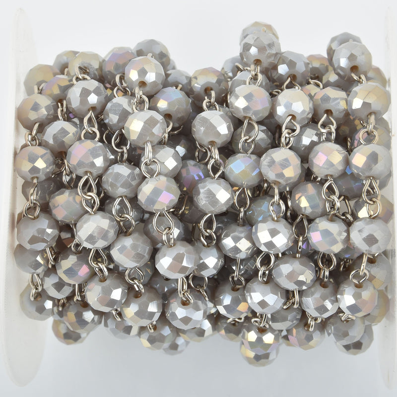 1 yard HEATHER GRAY AB Crystal Rondelle Rosary Chain, silver wire, 8mm faceted glass beads, fch0985a
