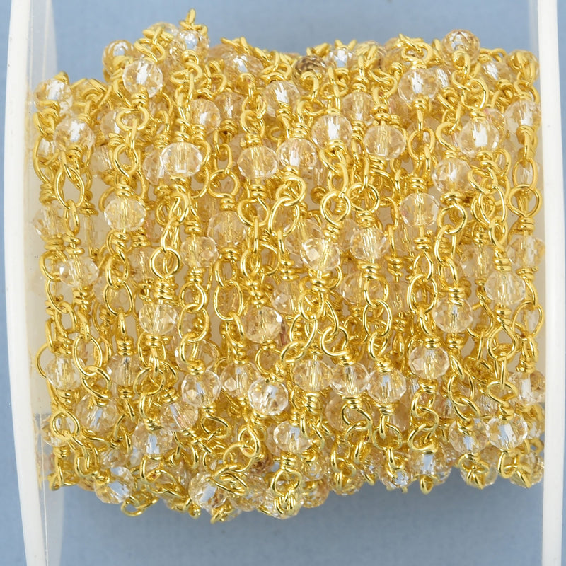 16 feet CLEAR Crystal Rosary Chain, bright GOLD double wrap, 3mm faceted rondelle glass beads fch0987b