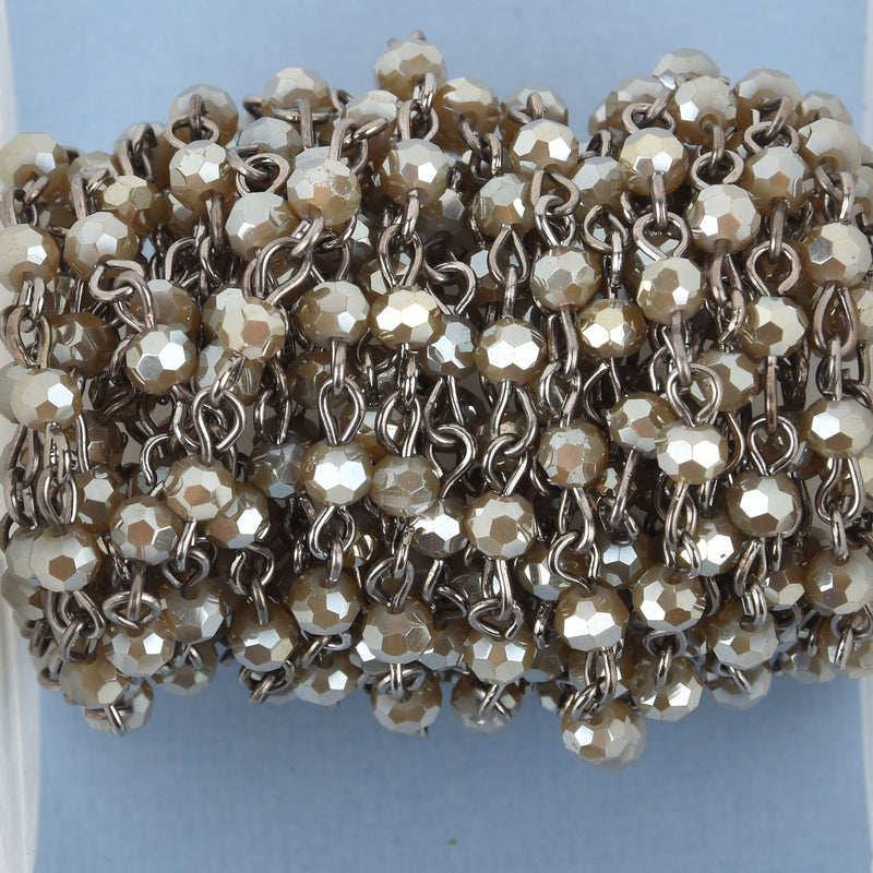 13 feet MUSHROOM GRAY Crystal Rosary Bead Chain, GUNMETAL, 4mm faceted round glass beads, fch0989b