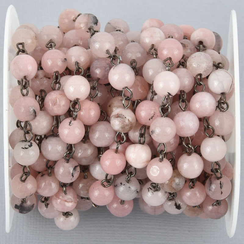 1 yard BLUSH PINK Agate Gemstone Rosary Chain, GUNMETAL links, 8mm round smooth gemstone beads, fch0990a