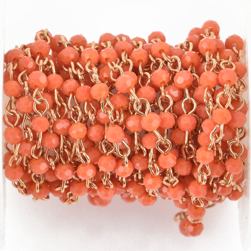 13 feet CORAL ORANGE Crystal Rondelle Rosary Chain, gold wire, 4mm faceted round glass beads, fch0991b