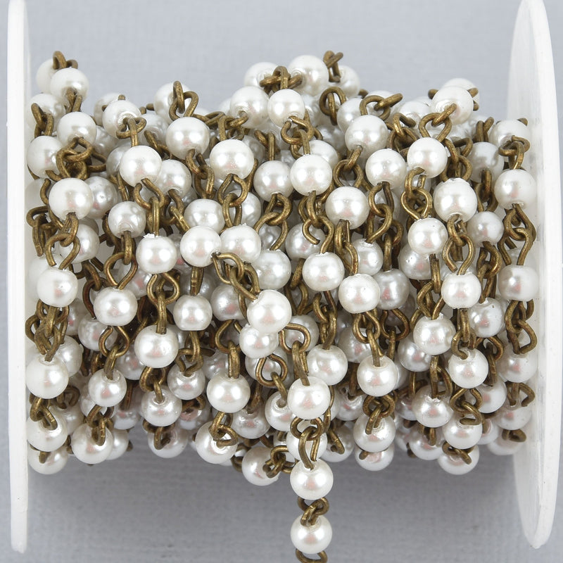 1 yard WHITE Pearl Rosary Chain, bronze, 4mm round glass pearl beads, fch0992a