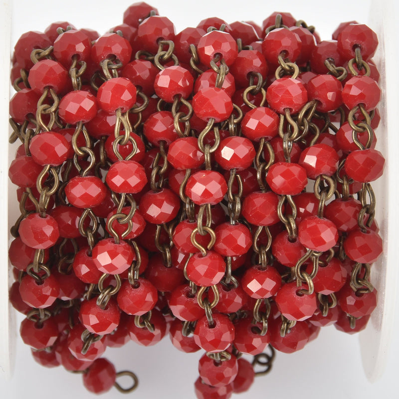 13 feet Dark Red Crystal Rosary Chain, bronze, 6mm rondelle faceted beads, fch0993b