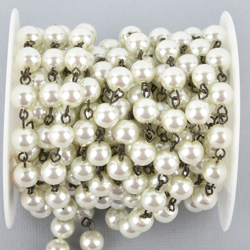 1 yard Ivory Off White Pearl Rosary Chain, GUNMETAL wire, 8mm round glass pearl beads, fch0996a