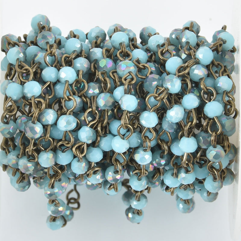 1 yard BLUE IRIDESCENT Crystal Rosary Chain, bronze, 4mm round faceted beads, fch0997a