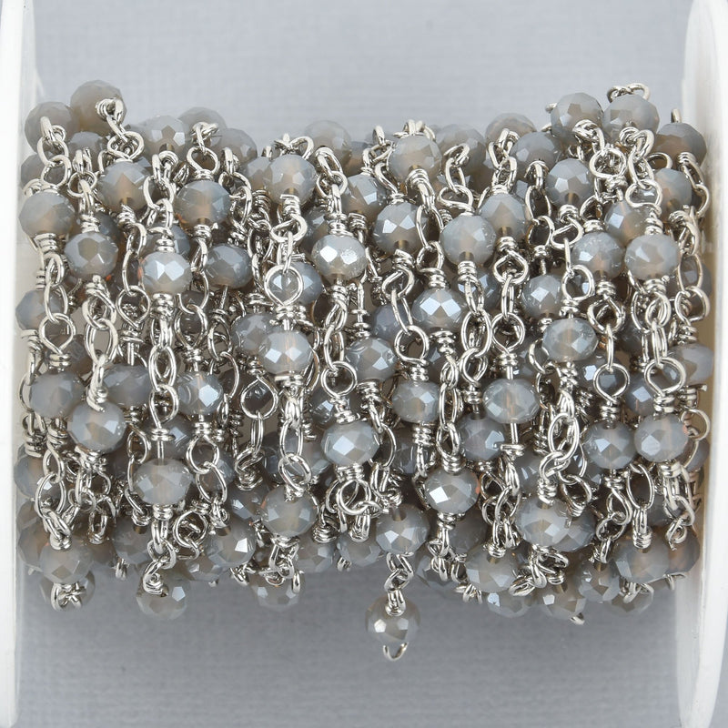 16 feet PEWTER GREY Opal Crystal Rosary Bead Chain, Silver double wrapped wire, 4mm faceted rondelle glass beads, fch0998b