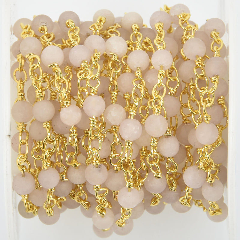 1 yard MATTE WHITE AGATE Rosary Chain, 4mm round gemstone, gold links, double wrapped, fch1007a