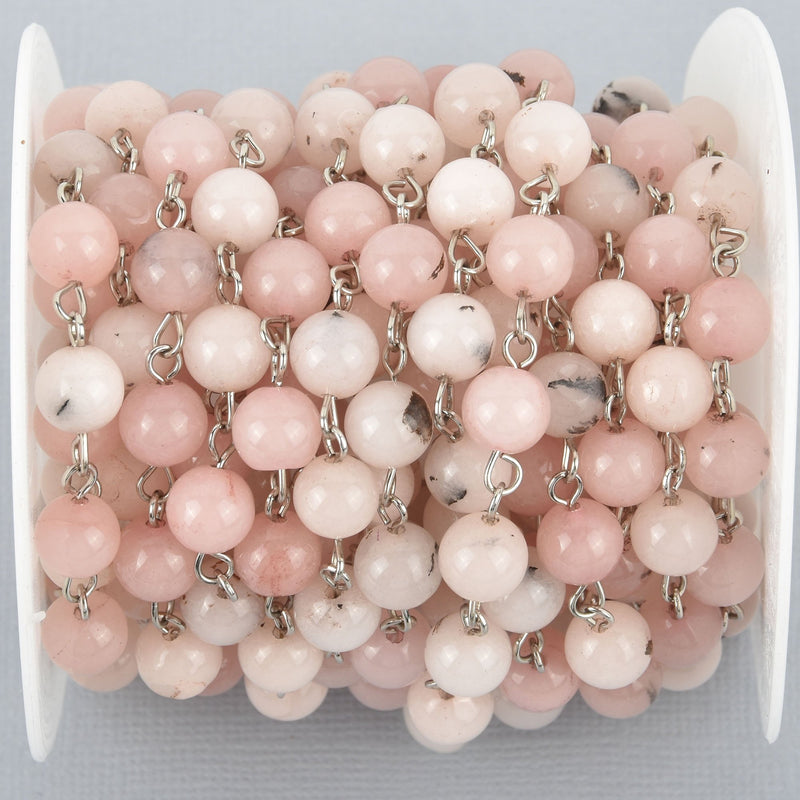 1 yard BLUSH PINK Agate Gemstone Rosary Chain, SILVER links, 8mm round smooth gemstone beads, fch1008a