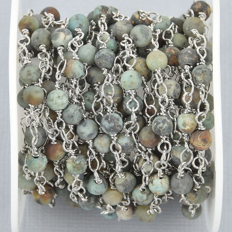 13 feet Matte Green AFRICAN TURQUOISE Gemstone Rosary Chain, silver double wrap, 4mm round gemstone beads fch1009b