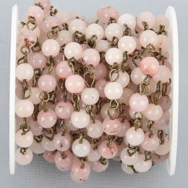 1 yard BLUSH PINK Agate Gemstone Rosary Chain, BRONZE links, 6mm round smooth gemstone beads, fch1010a