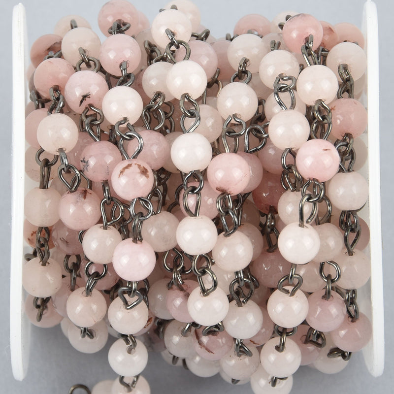 1 yard BLUSH PINK Agate Gemstone Rosary Chain, GUNMETAL links, 6mm round smooth gemstone beads, fch1022a
