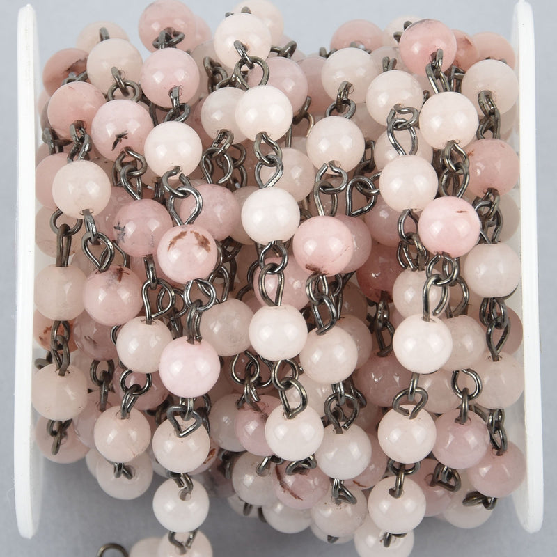 13 feet BLUSH PINK Agate Gemstone Rosary Chain, GUNMETAL links, 6mm round smooth gemstone beads, fch1022b