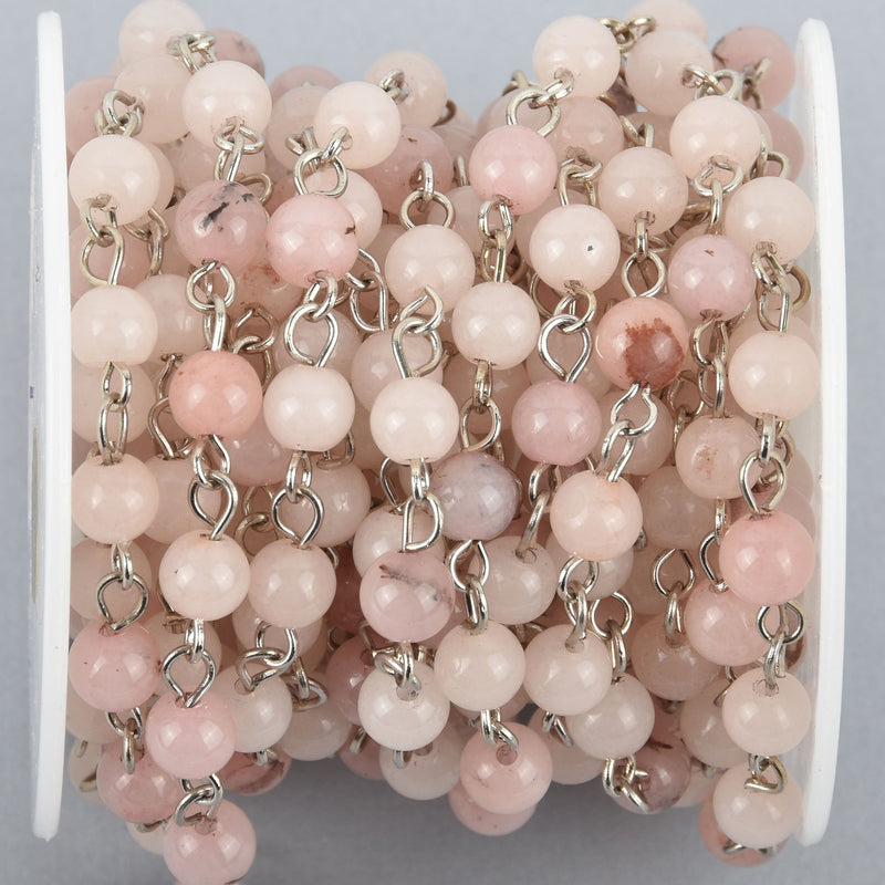 1 yard BLUSH PINK Agate Gemstone Rosary Chain, SILVER links, 6mm round smooth fch1023a