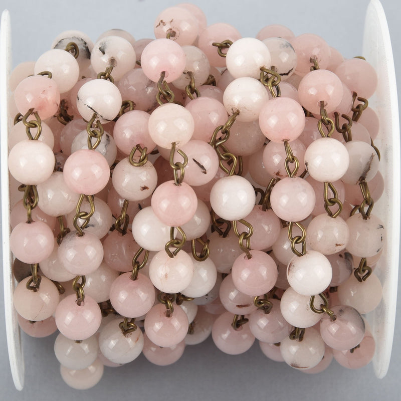 1 yard BLUSH PINK Agate Gemstone Rosary Chain, BRONZE links, 8mm round smooth gemstone beads fch1024a