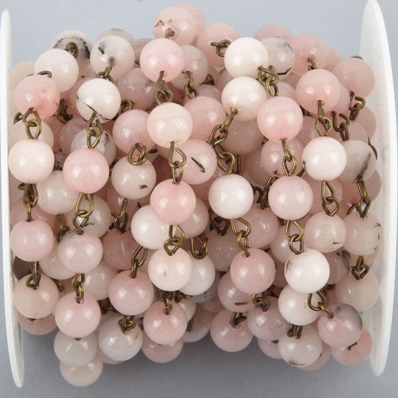 13 feet BLUSH PINK Agate Gemstone Rosary Chain, BRONZE links, 8mm round smooth gemstone beads fch1024b