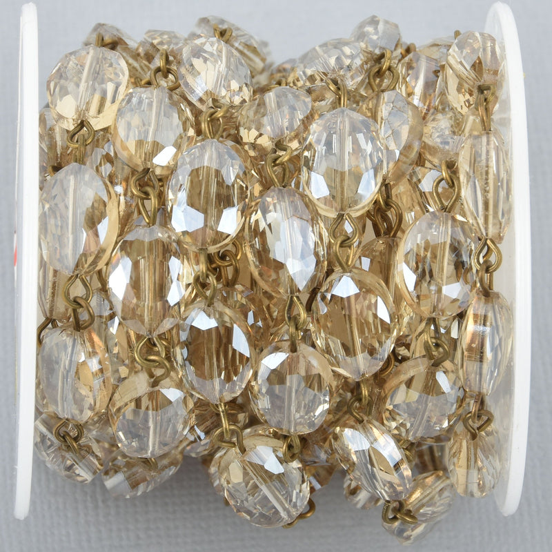 8 feet Champagne Crystal Rondelle Rosary Chain, bronze links, 12mm faceted oval glass beads fch1025b