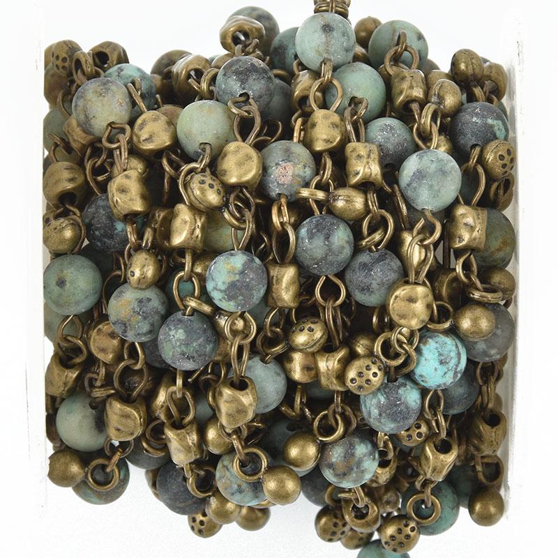 13 feet African Turquoise Rosary Bead Chain 6mm BRONZE, Gemstone Round Beads fch1028b
