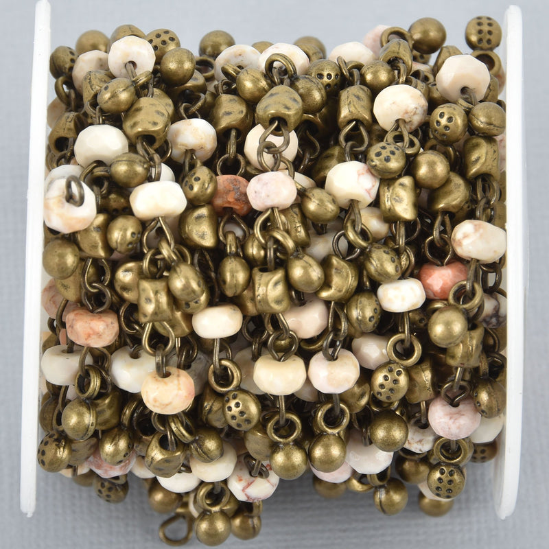 13 feet White Jasper Rosary Bead Chain 6mm BRONZE, Gemstone Rondelle Beads fch1029b