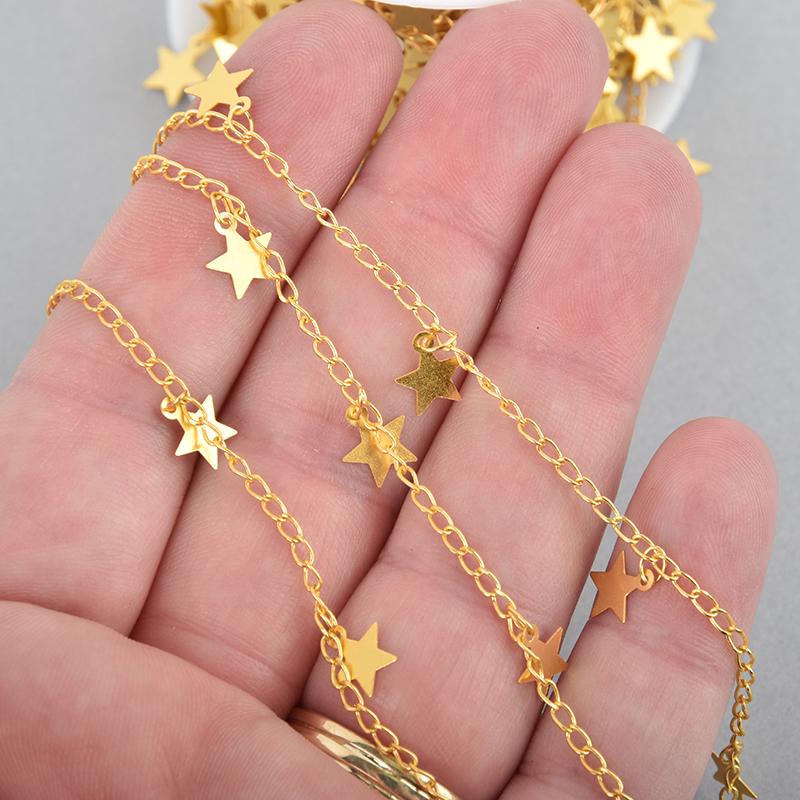1 yard MATTE GOLD STAR Chain, Metal Sequin brass, 8mm flat star charms, fch1030a
