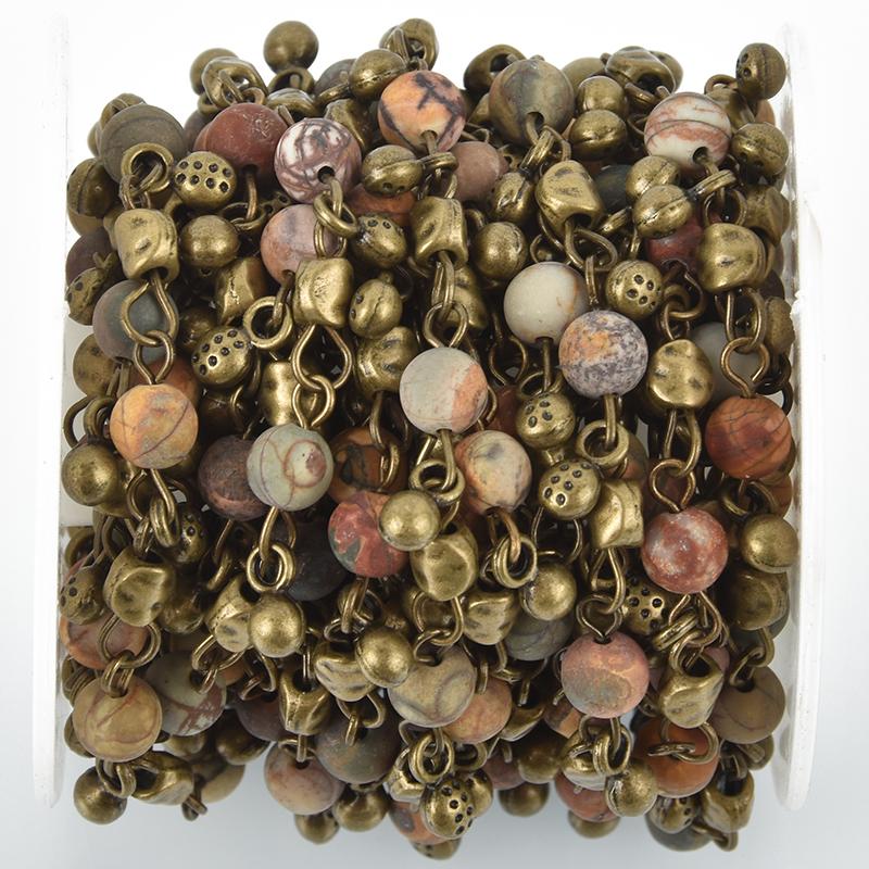 1 yard Matte PICASSO JASPER Rosary Bead Chain 6mm BRONZE, Gemstone Round Beads fch1031a