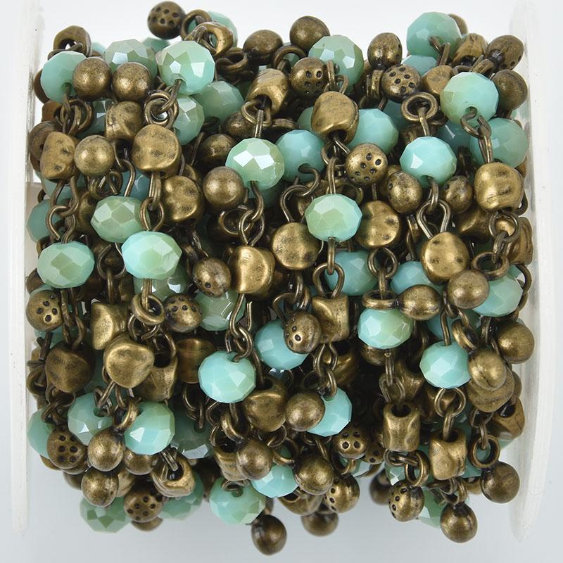 1 yard Blue Crystal Bead Chain 6mm BRONZE with Rondelle Beads fch1035a