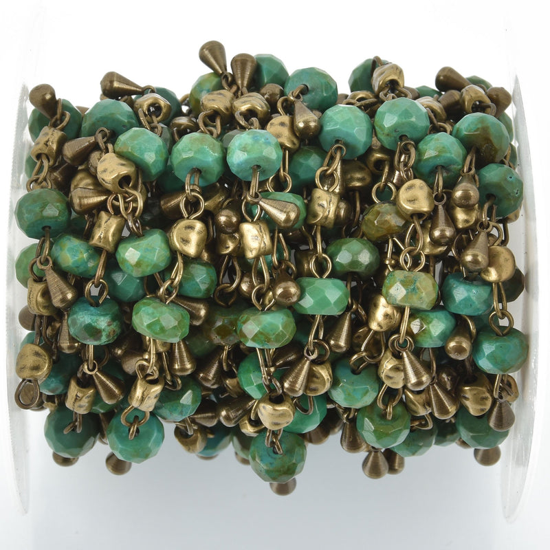 13 feet Green Jasper Bead Chain 8mm BRONZE with Gemstone Rondelle Beads fch1037b