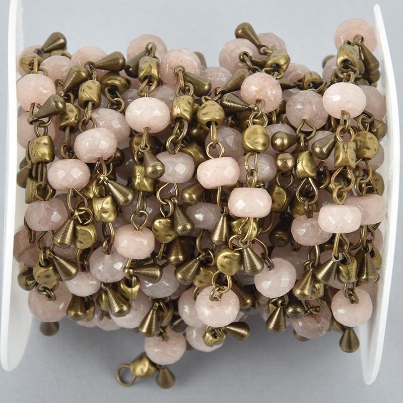 1 yard Blush Jade Bead Chain 8mm BRONZE with Blush Gray Gemstone Rondelle Beads fch1039a