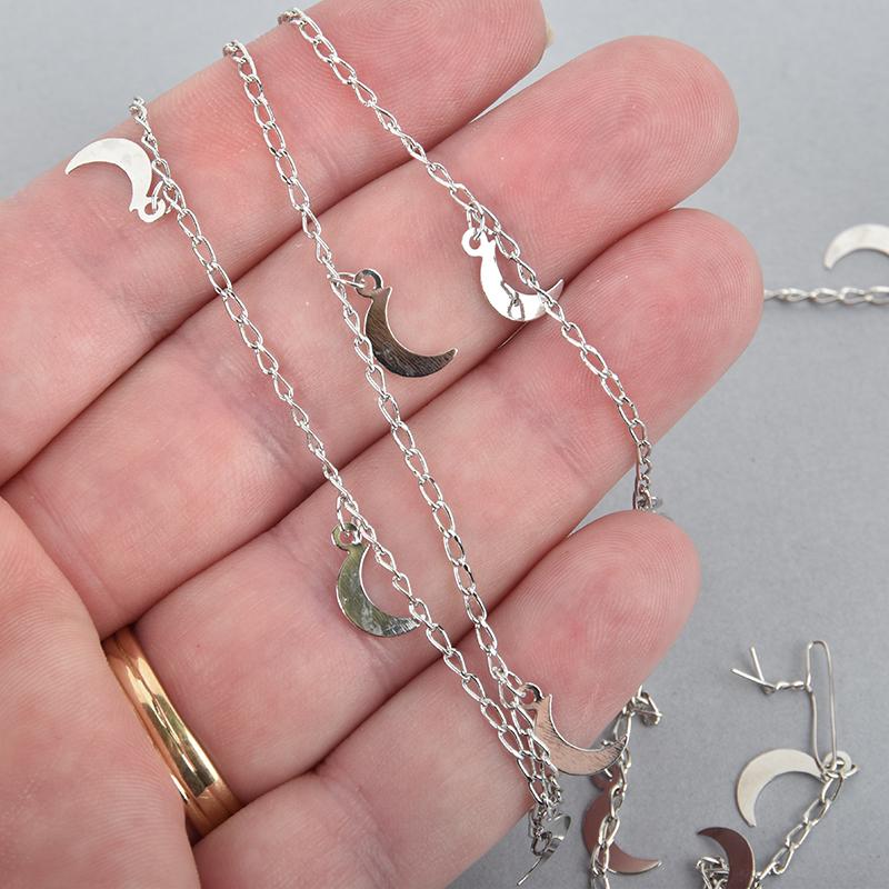 10 yards Brass SILVER MOON Chain, Metal Sequin Chain, flat moon charms, fch1041b