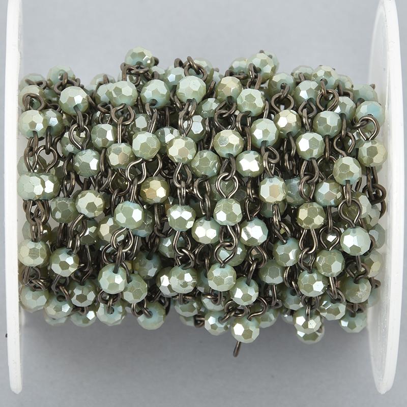 1 yard SAGE GREEN Crystal Rosary Chain Gunmetal 4mm round faceted crystal bead chain, fch1048a