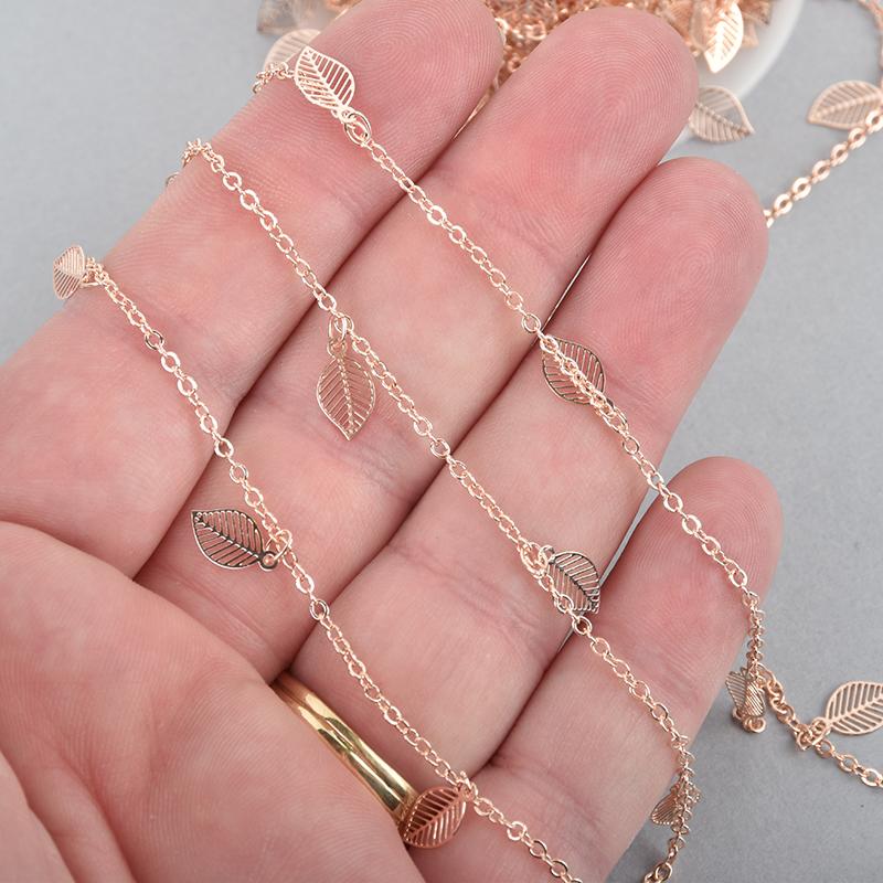 10 yards ROSE GOLD Chain Rose Gold Plated Filigree LEAF Charm Chain fch1049b