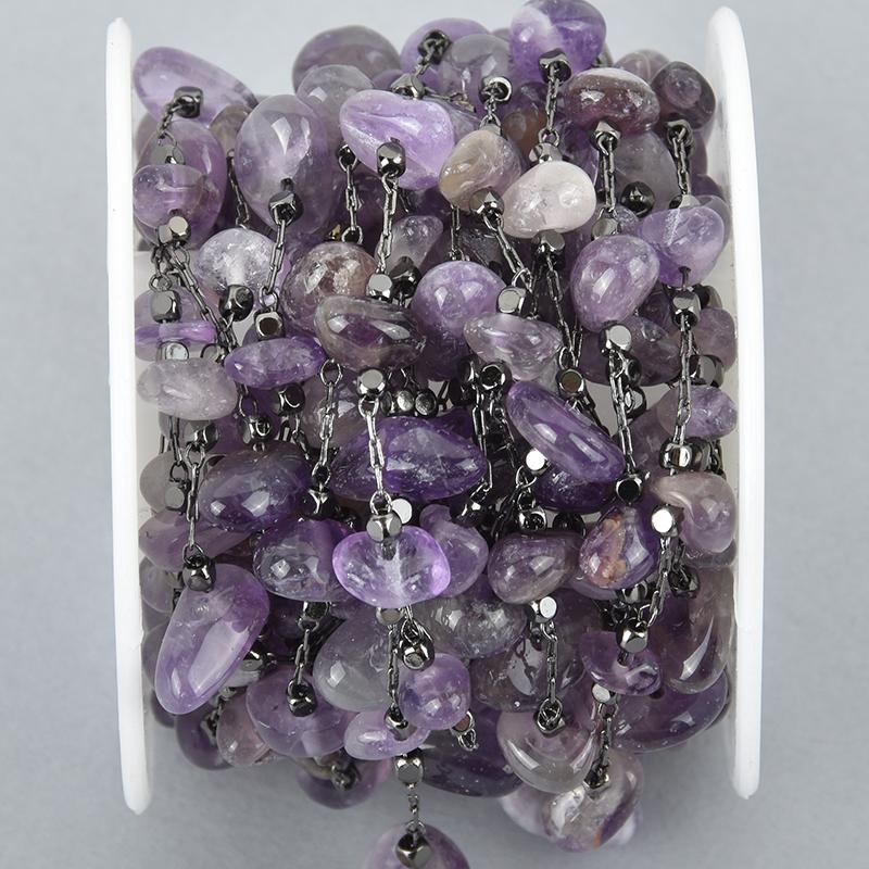 1 yard PURPLE AMETHYST Rosary Chain, gunmetal links, gemstone chips beads, fch1056a