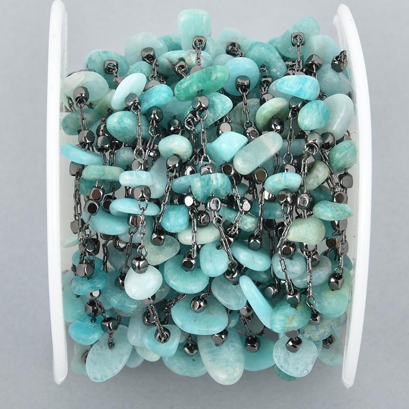 1 yard AMAZONITE Rosary Chain, gunmetal links, gemstone chips beads, fch1057a