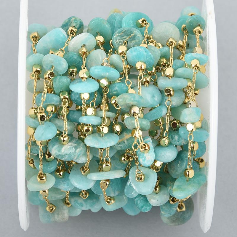 1 yard AMAZONITE Rosary Chain, gold links, gemstone chips beads, fch1058a