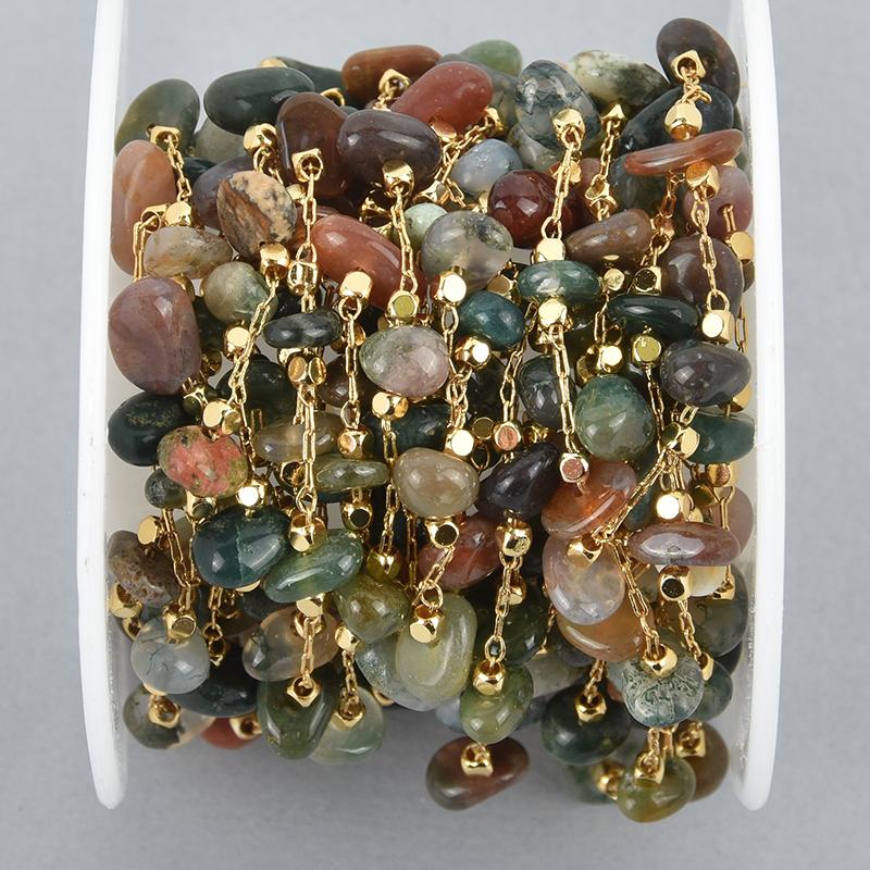 1 yard AGATE Rosary Chain, gold links, gemstone chips beads, fch1060a