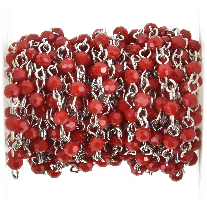 1 yard Dark Red Crystal Rosary Chain, SILVER, 4mm round faceted beads, fch1061a