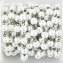 1 yard White Pearl Rosary Chain, GUNMETAL, 8mm round glass pearl beads fch1062a