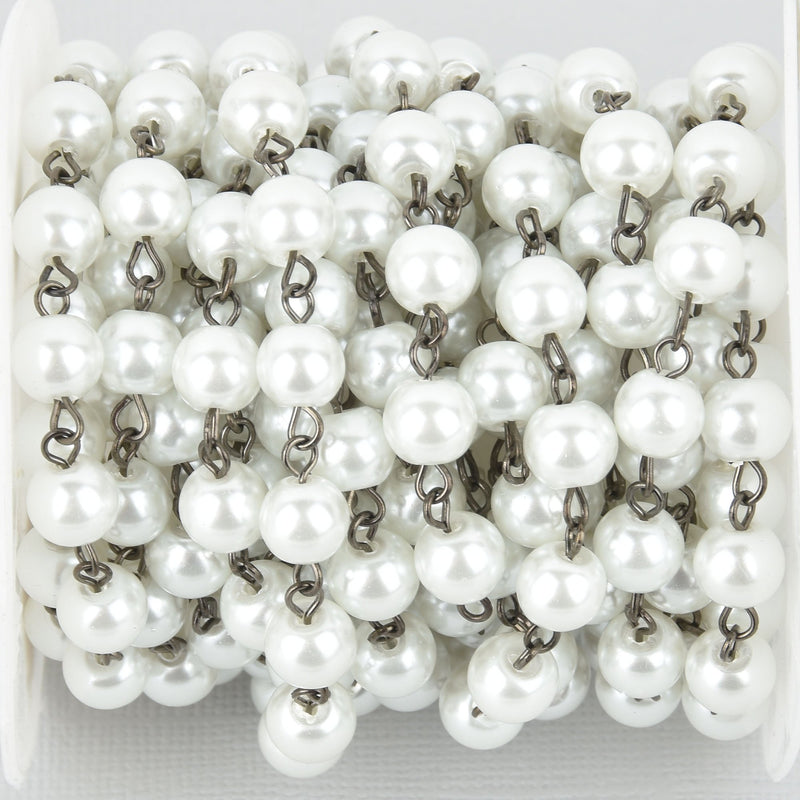 1 yard White Pearl Rosary Chain, GUNMETAL, 8mm round glass pearl beads fch1062a