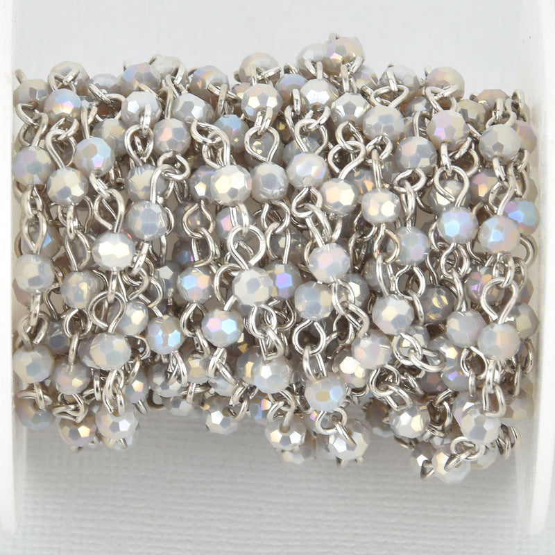 13 feet GRAY AB 4mm Crystal Rosary Chain, SILVER links, round faceted bead chain, fch1063b