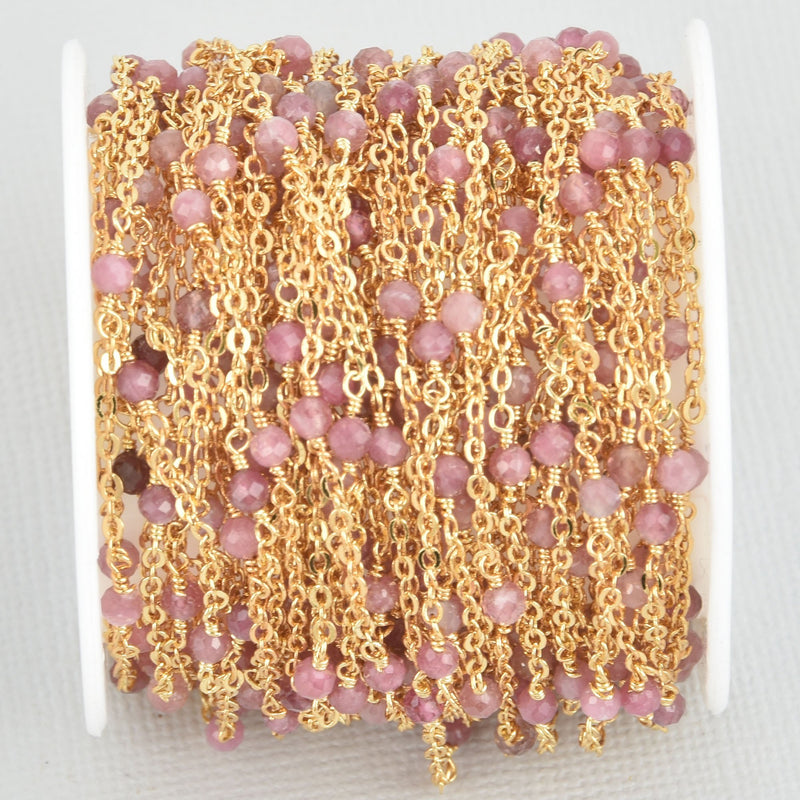 1 yard GOLD 22k Plated TOURMALINE Satellite Chain 3mm PINK Gemstone Cable Chain, Bead Chain, fch1067a