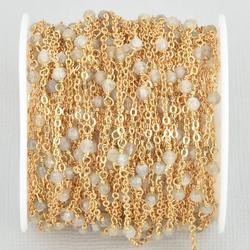 10 yards GOLD 22k Plated LABRADORITE Chain 3mm GRAY Gemstone Satellite Cable Chain, Bead Chain, fch1069b