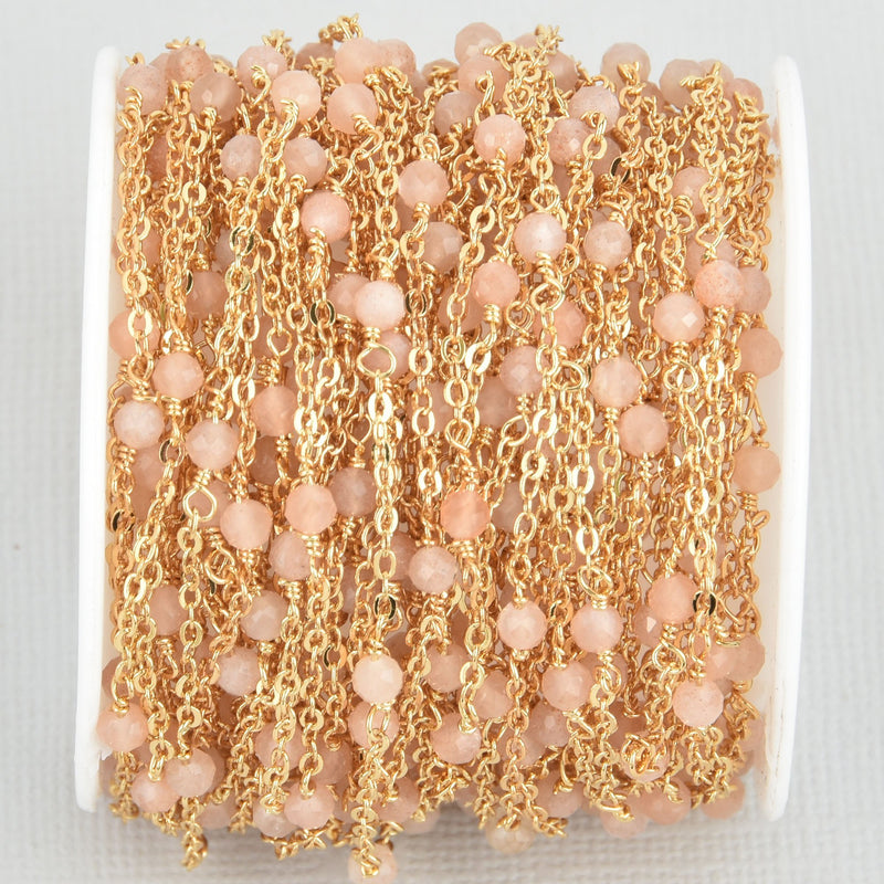 10 yards GOLD 22k Plated MOONSTONE Chain 3mm Pink Satellite Gemstone Cable Chain, Bead Chain, fch1072b